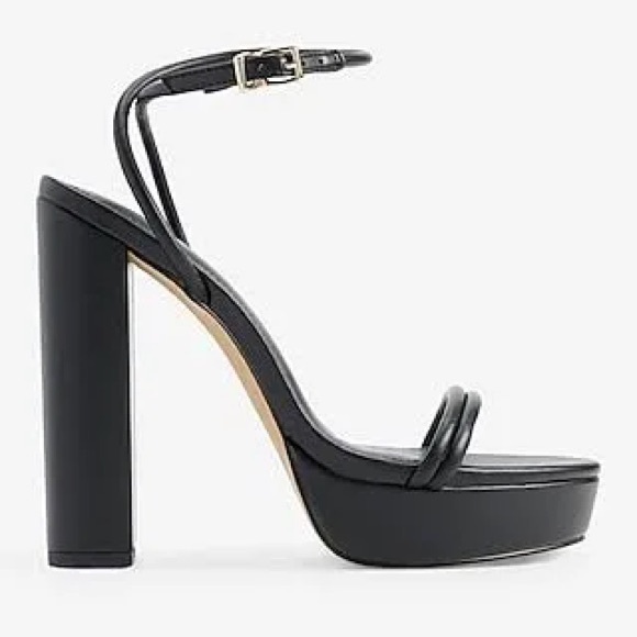 New Express sexy Straps black leather platform ankle wrap heels sandals, size 8 - Picture 2 of 9